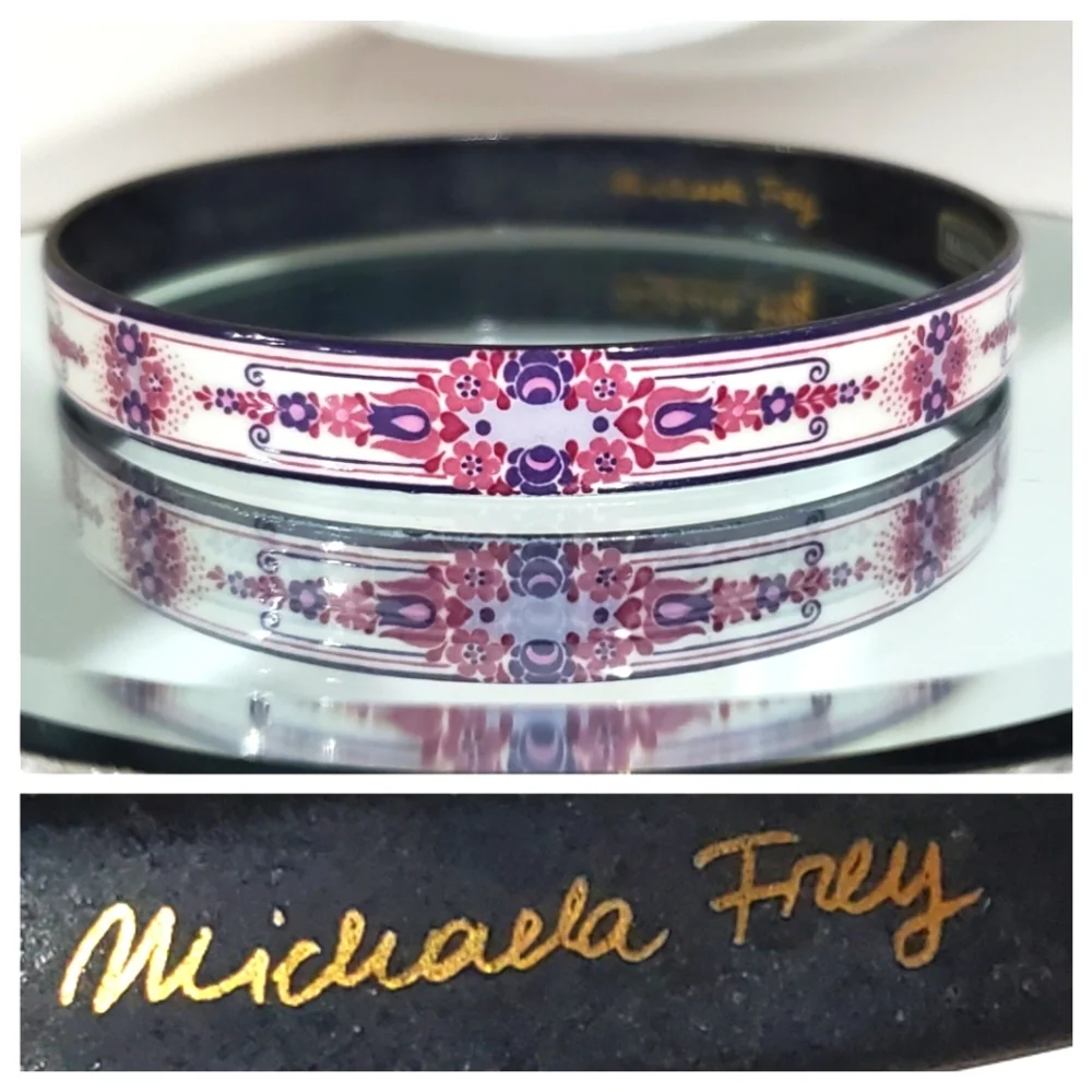 Stunning Vintage MICHAELA FREY WILLE Floral Enamel Bangle Bracelet - Picture 1 of 7